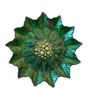 Akcam Turkish Glass Green Poinsettia Serving Platter 12in Christmas Holiday NEW